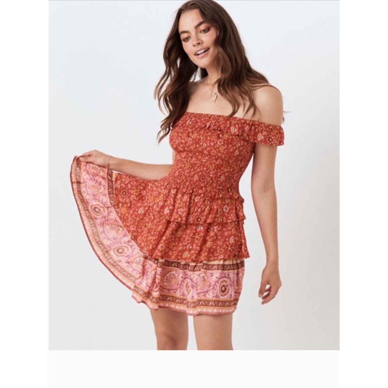 Spell & The Gypsy Collective Dahlia Ra Ra Dress Red Pink Floral S